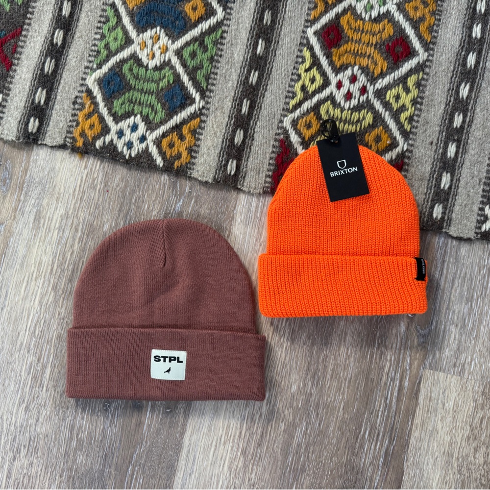 Knit Beanie Caps Set of 2 NWT Orange & Brown Rib Unisex One Size Brixton STPL